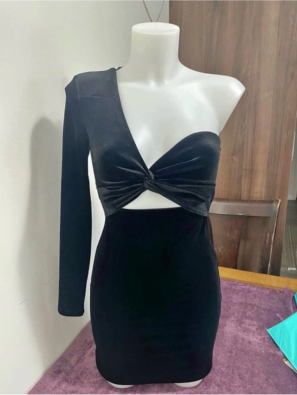 Dynamite Asymmetric Velvet Dress Jet Black- XXS